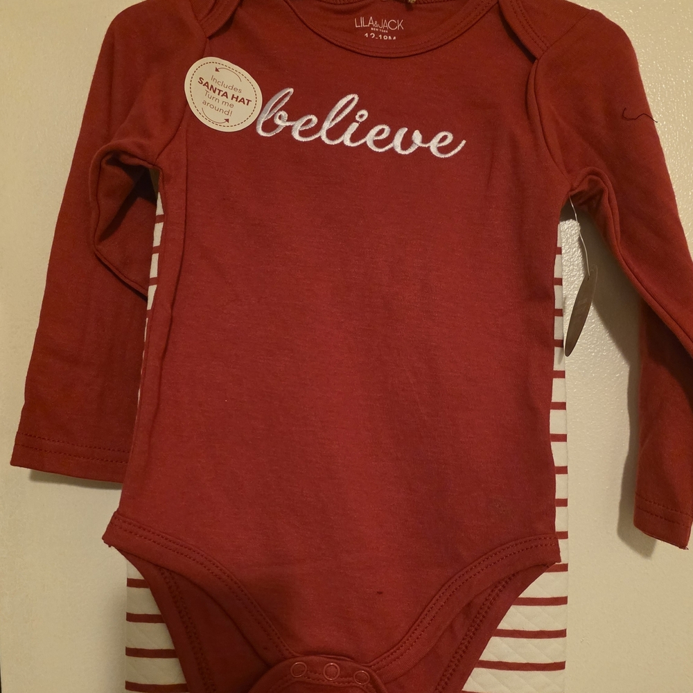 Red Long Sleeve Baby Onesie, Christmas, Santa, 12-18 Months